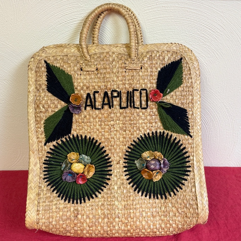 Vintage Acapulco Natural Woven Rattan Straw Large Tote Beach Bag